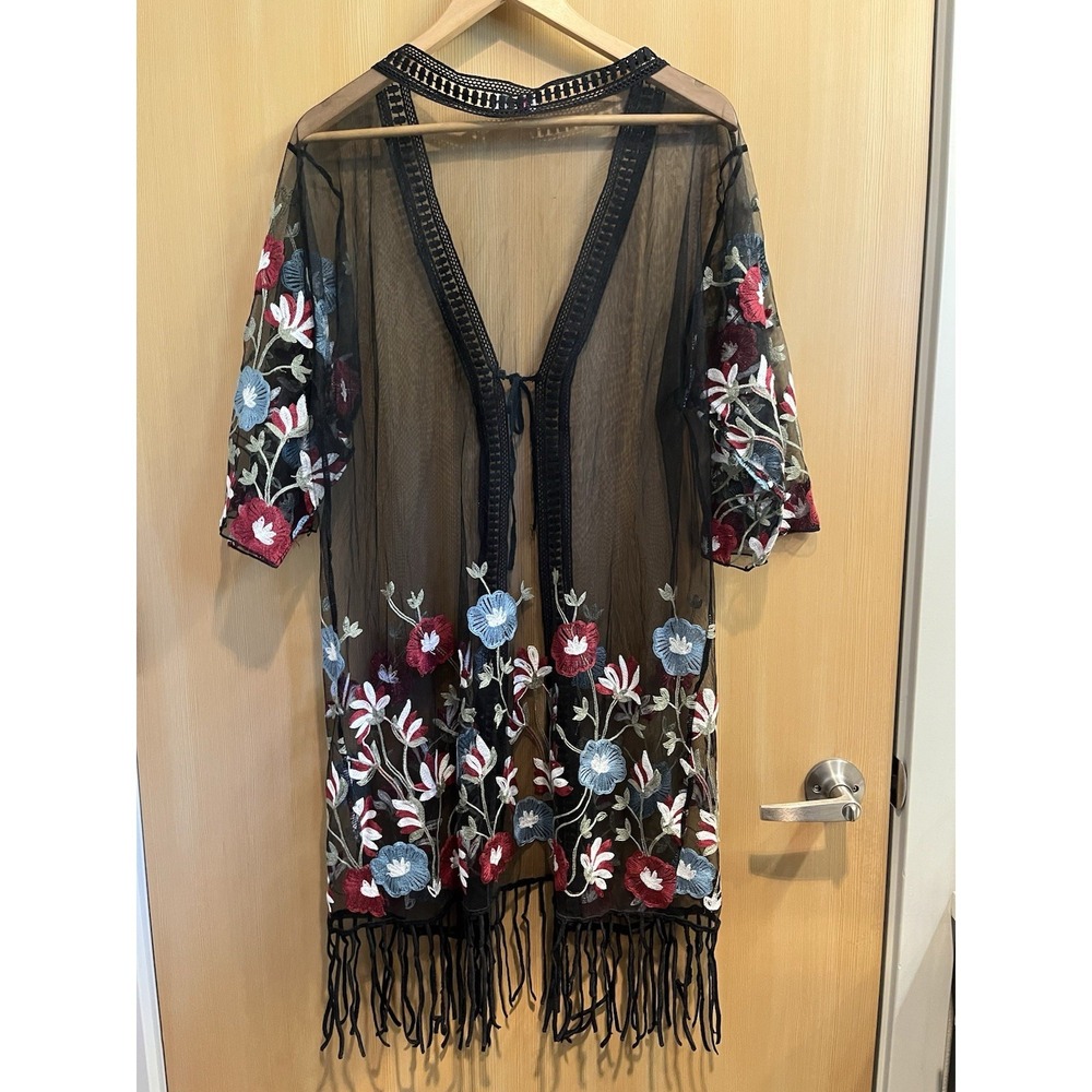 ASHA Womens Sheer Embroidered Floral Fringe Hem Open Front Kimono One Size M/L